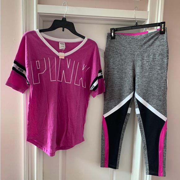 NEW VSPINK SS CAMPUS TEE W/HIGH WAISTED ANKLE LEGGINGS SET - Picture 2 of 13